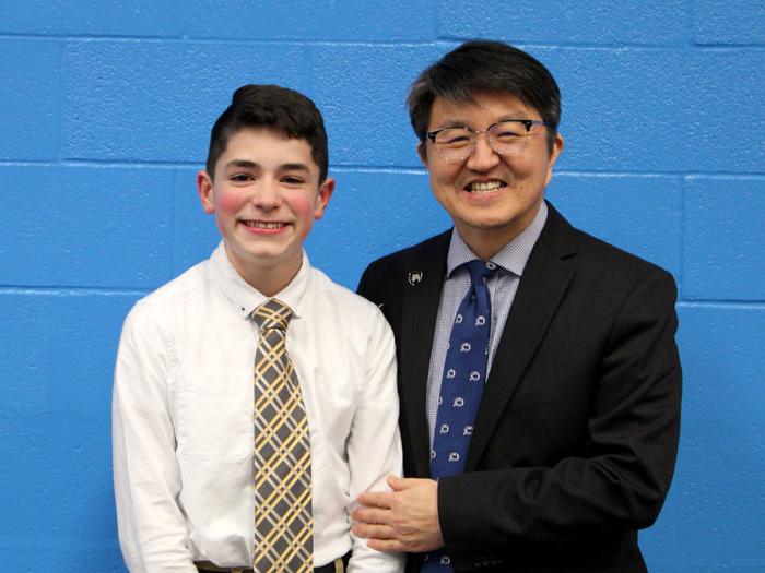 Angelo Yost, right, from Saint Marys stands with Jungwoo Ryoo, chancellor and chief academic officer at Penn State DuBois. Yost received two individual awards for his performance during the 26th annual Junior Scholastic Challenge, held at Penn State DuBois.