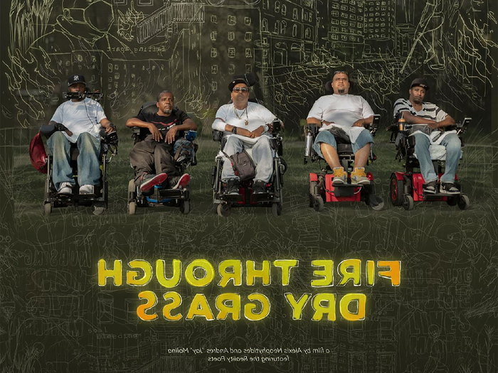 Fire Through Dry Grass promotional poster showing four men in assisted chairs