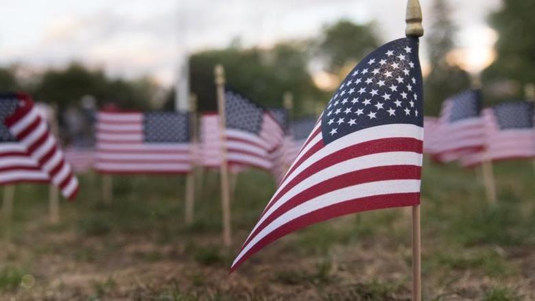 Close up flags on lawn