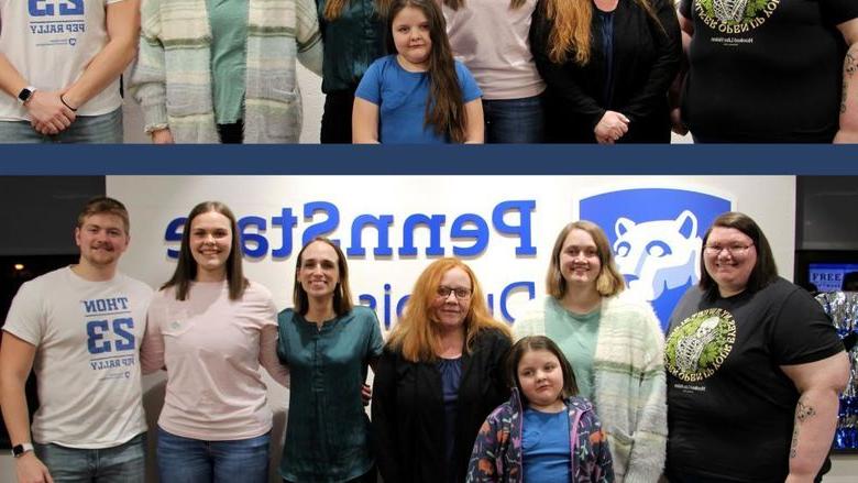 The before, top, and after, bottom, photos of the hair donors for the 2024 THON sendoff dinner and hair auction at Penn State DuBois.