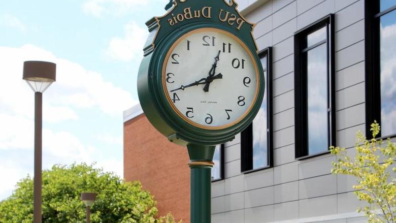 The newly install clock outside of the PAW Center, on the campus of Penn State DuBois. The clock is a gift from students to the campus.