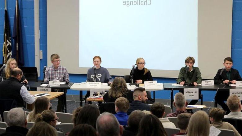 Participants prepare to answer questions during their preliminary round during the junior scholastic challenge in the Hiller Auditorium at Penn State DuBois.