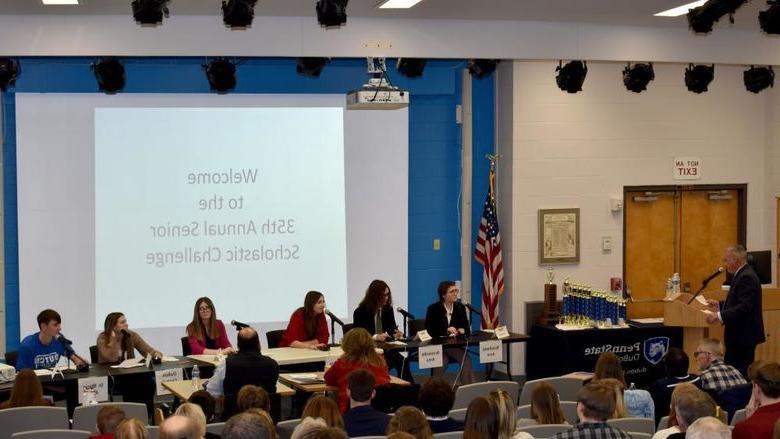 Participants prepare to answer questions during their preliminary round during the senior scholastic challenge in the Hiller Auditorium at Penn State DuBois.