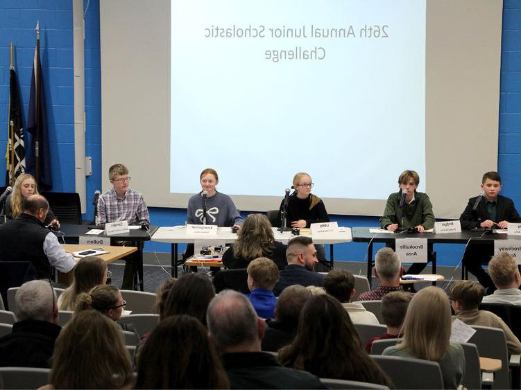 Participants prepare to answer questions during their preliminary round during the junior scholastic challenge in the Hiller Auditorium at Penn State DuBois.